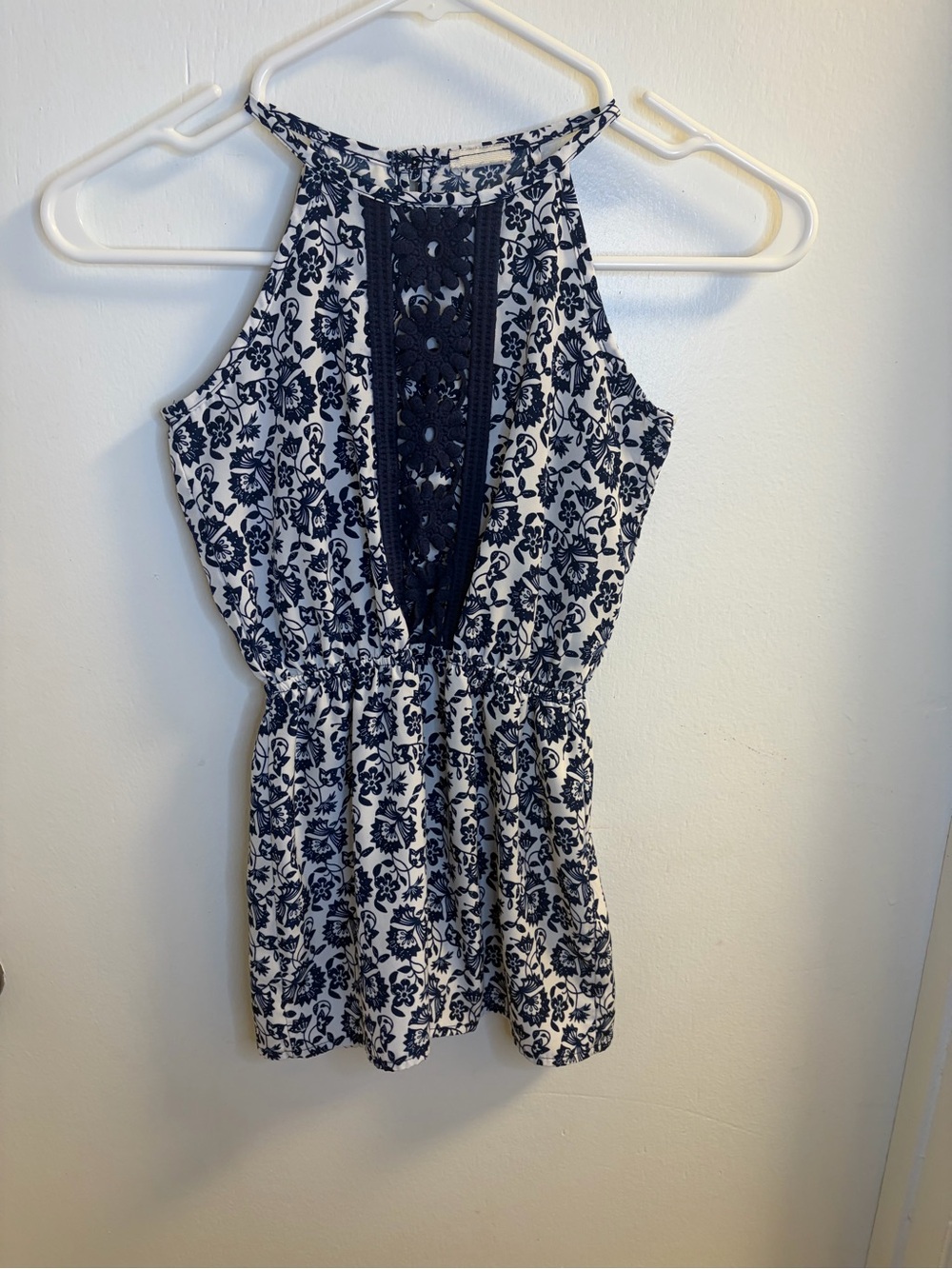 Lily Bleu Girls 8 Navy Floral Halter Romper Crochet Lace Boho Summer
